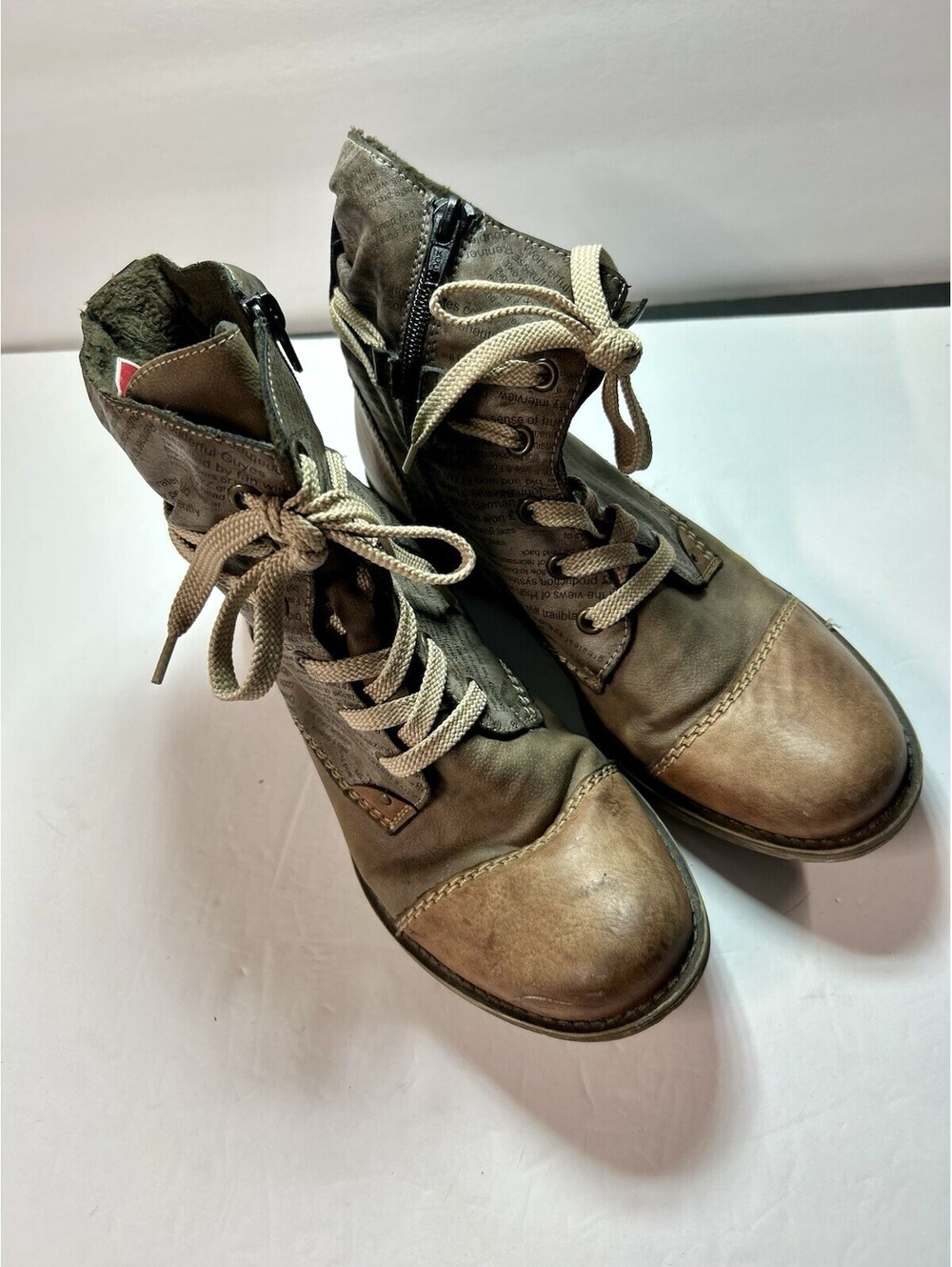 Rieker Payton Boots Ankle W 7 Or 38 Brown Newspaper Print Zip Steampunk Fantasy